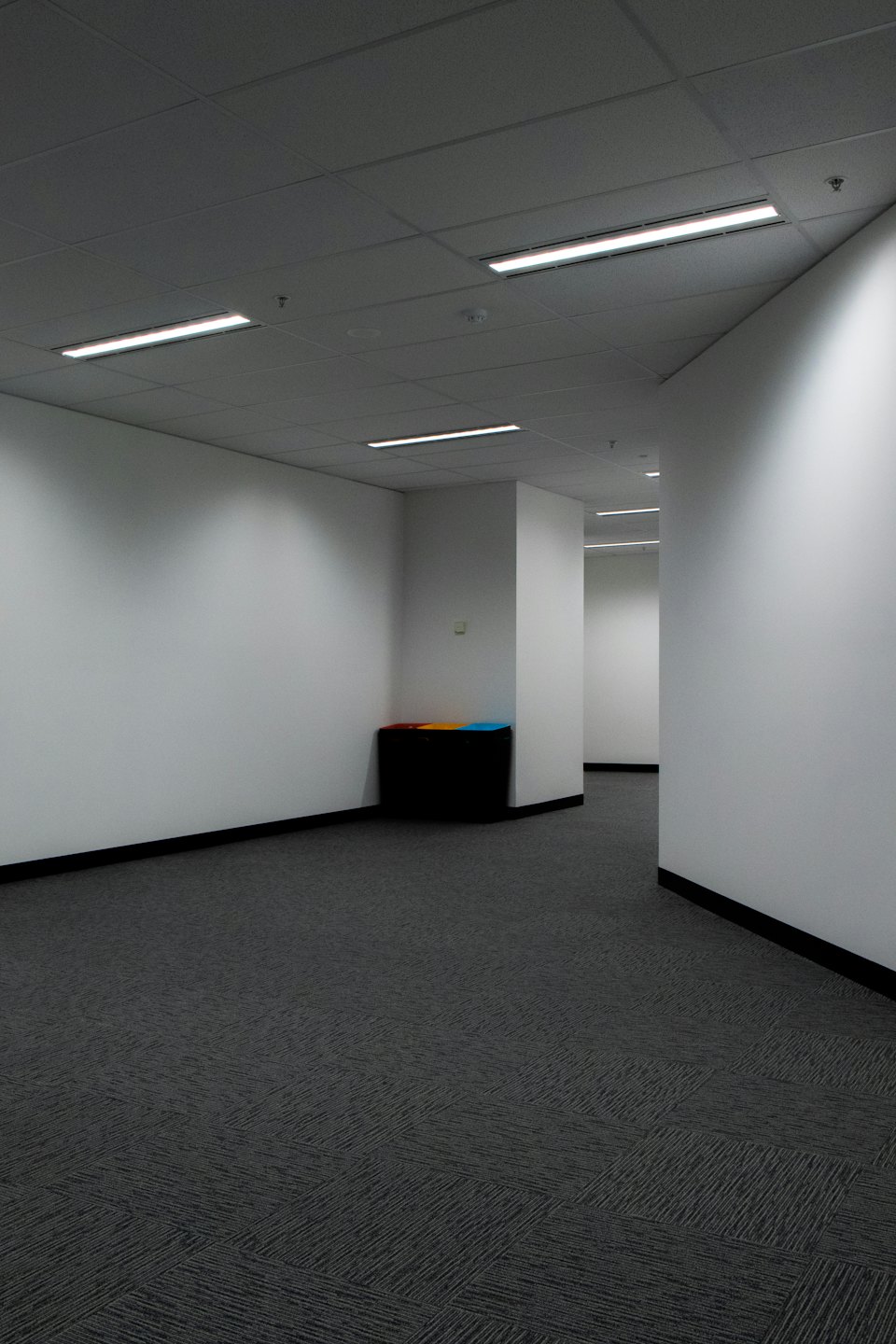 Modern office hallway with a black recycling bin in the corner.